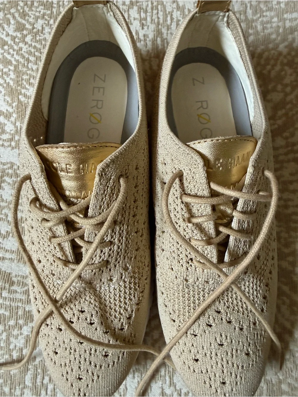 Cole Haan Beige & Gold Knit Lace-Up Sneaker with White Sole